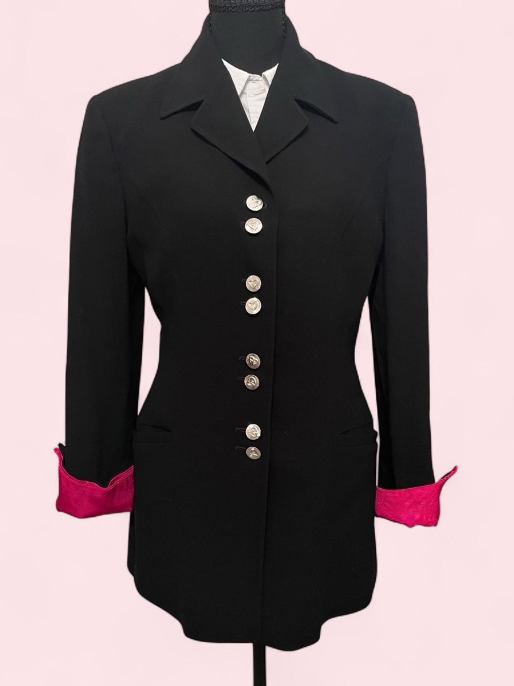Vintage St. John Black Jacket Coat with Silver buttons and Pink Cuff Accents